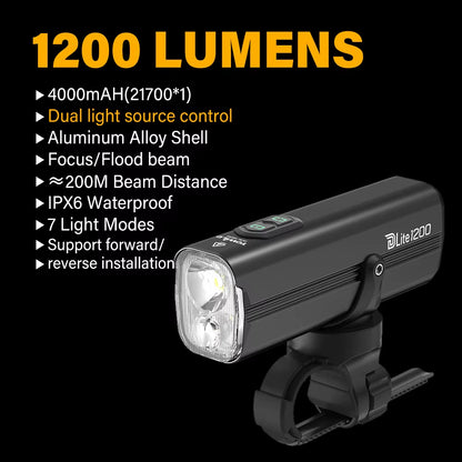 Bicycle Lights 1200LM/1800LM Focus/Flood Beam Dual Light Source LED Smart Bike Front Lights IPX6 Mtb Cycling Headlights