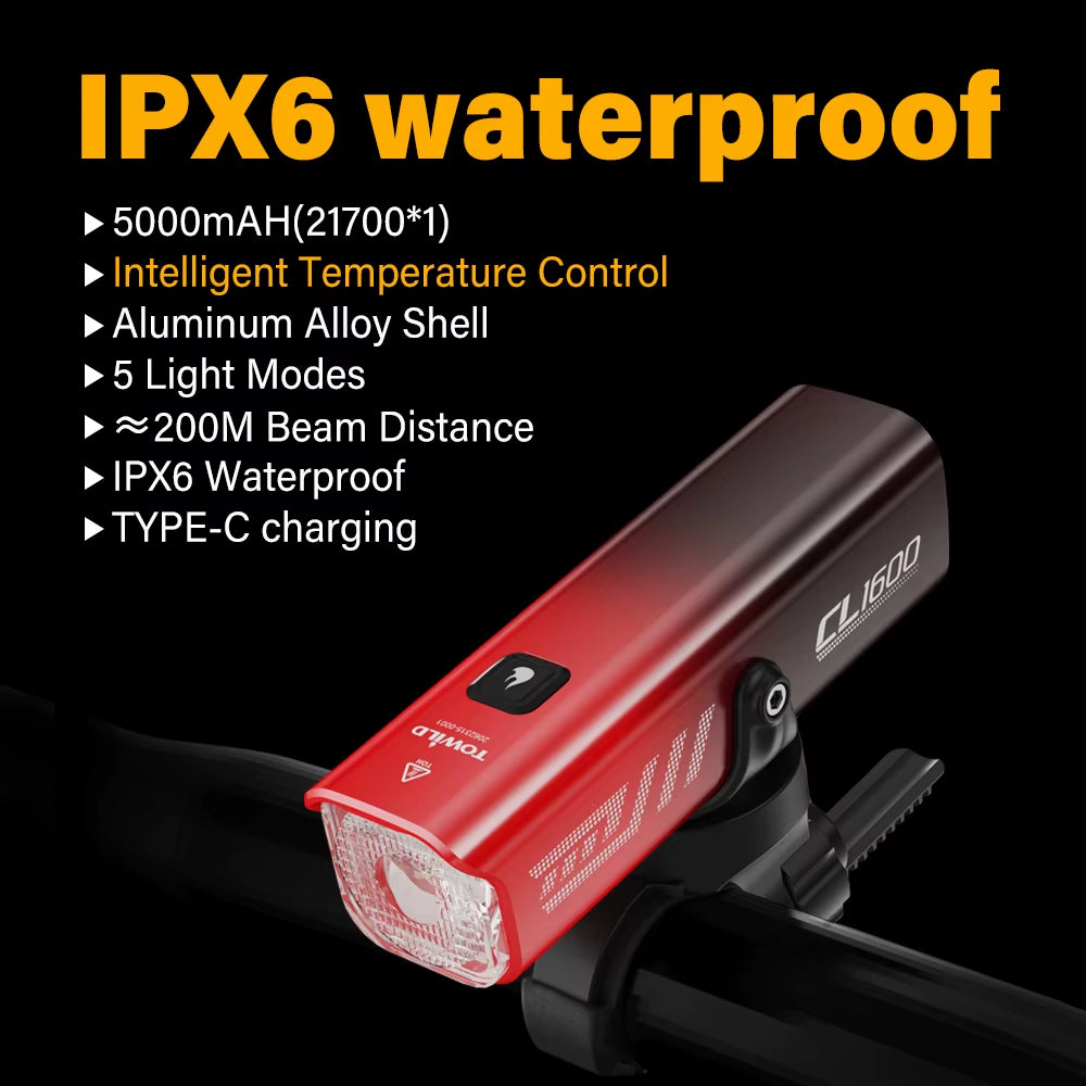 CL1600LM Bicycle Light 5000Mah Bike Light IPX6 Flashlight Aluminum Front Lamp Type-C Charging MTB Road Cycling Headlights