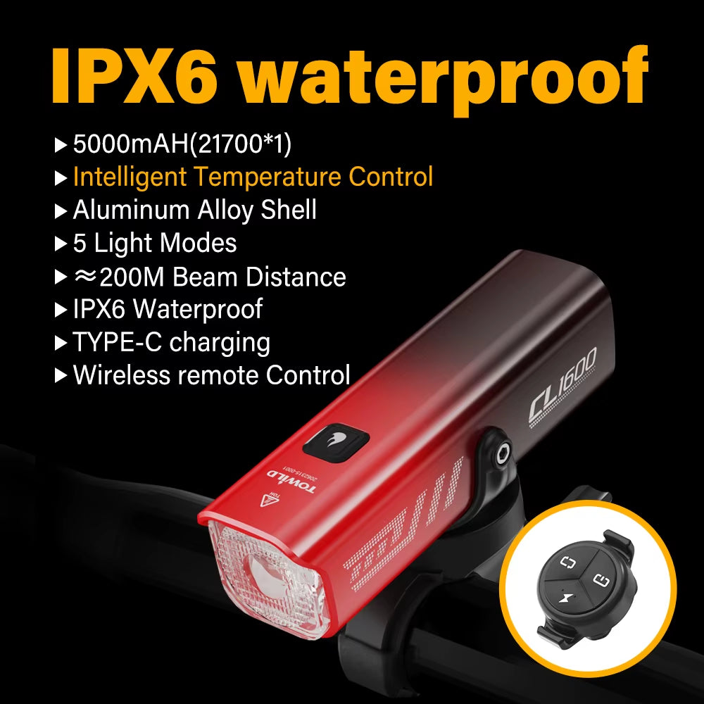 CL1600LM Bicycle Light 5000Mah Bike Light IPX6 Flashlight Aluminum Front Lamp Type-C Charging MTB Road Cycling Headlights