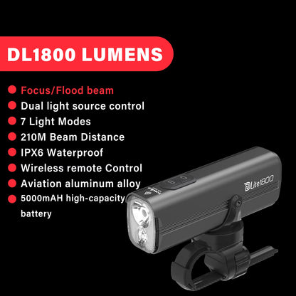 Bicycle Lights 1200LM/1800LM Focus/Flood Beam Dual Light Source LED Smart Bike Front Lights IPX6 Mtb Cycling Headlights